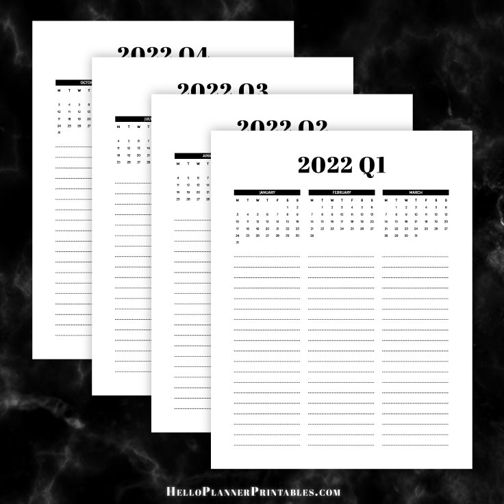 Preview of dated 2022 quarterly planning calendar pages with lines - free PDF to download.