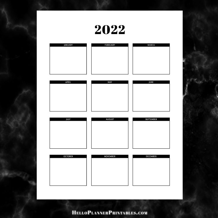 2022 titled yearly planning overview PDF printable with January to December month boxes.