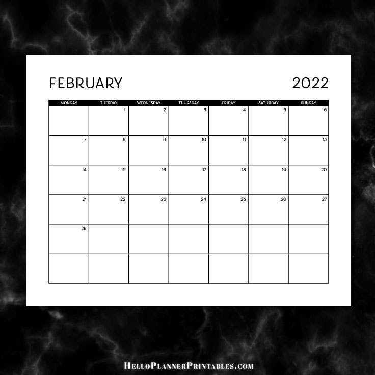 Preview of February 2022 dated monthly calendar landscape orientation full page
