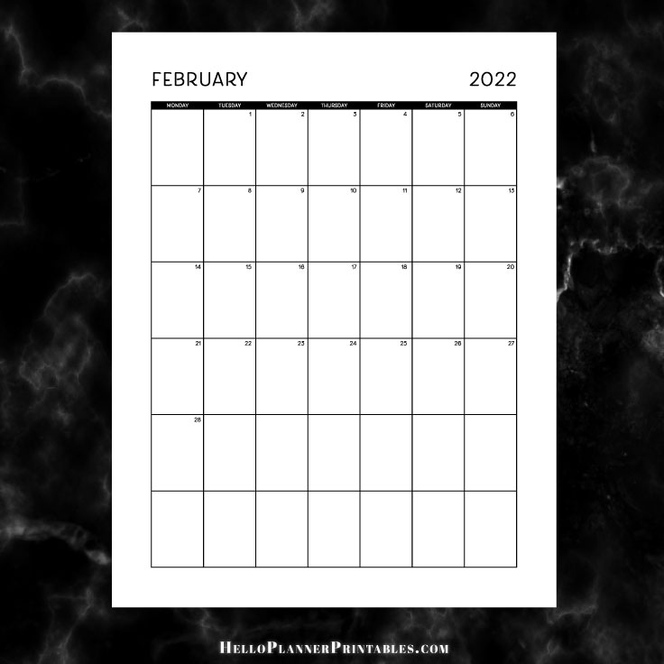 Preview of February 2022 dated monthly calendar portrait orientation full page
