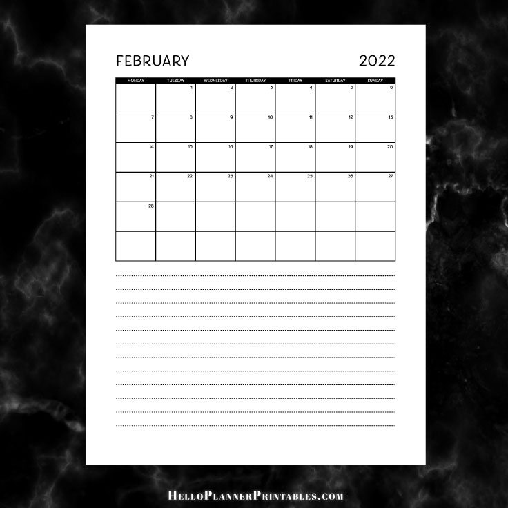 Preview of February 2022 dated monthly calendar portrait with note lines