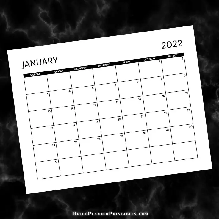 Preview of January 2022 dated monthly calendar PDF - free download.