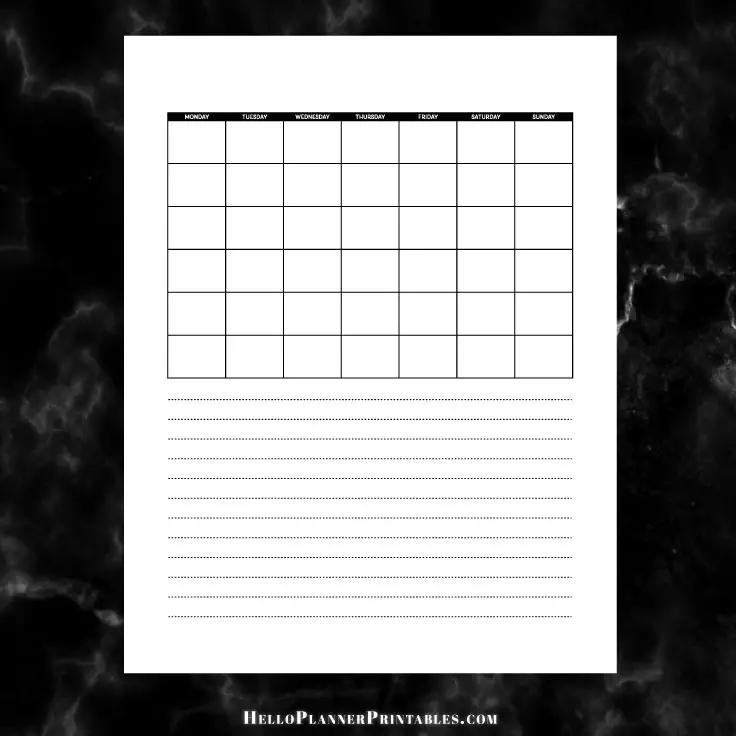 Preview of free PDF download of blank monthly calendar in portrait format, half page calendar and half page of lines.