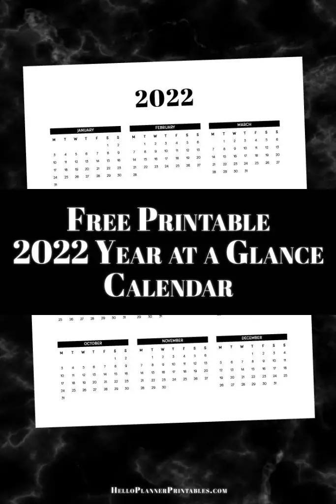 Preview of 2022 year at a glance calendar printable on black marble background.