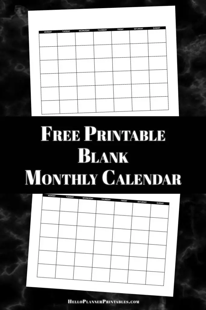 Preview of blank monthly calendar printable, Monday start with 6 rows of empty boxes for customization.