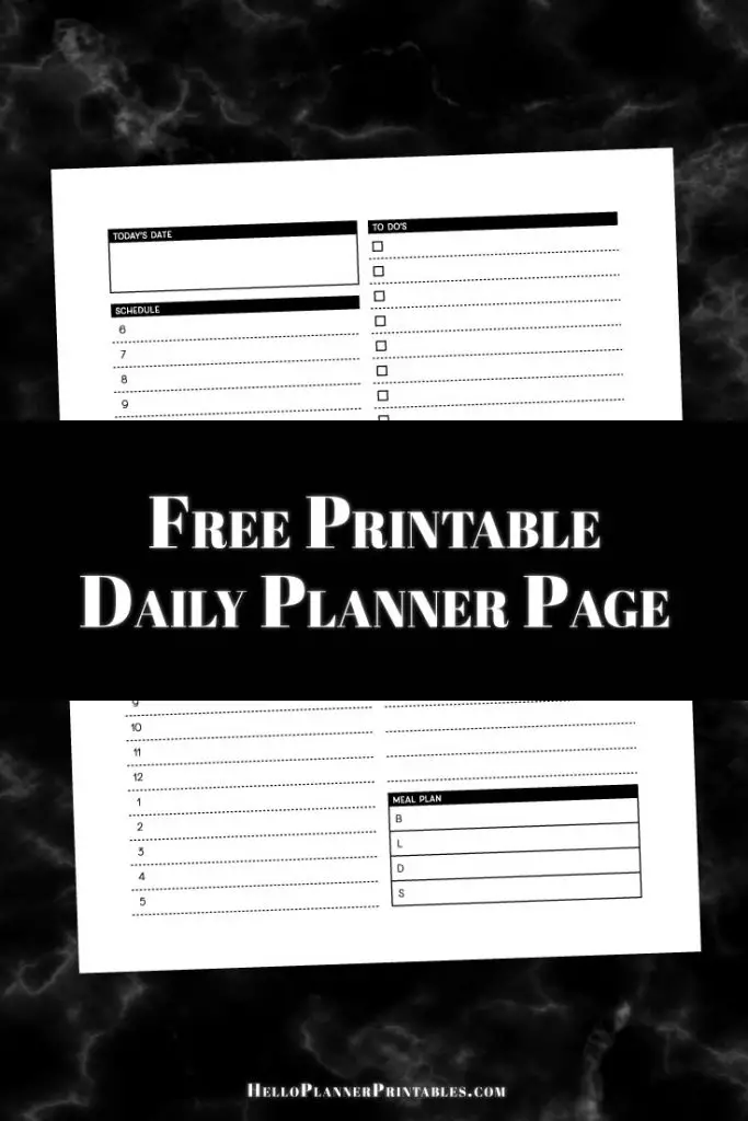 Preview of daily planner page free printable download that includes today's date, schedule, to do's, notes and meal plan sections to fill in.