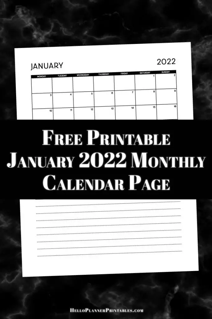 Preview of free printable january 2022 monthly calendar page in portrait orientation.