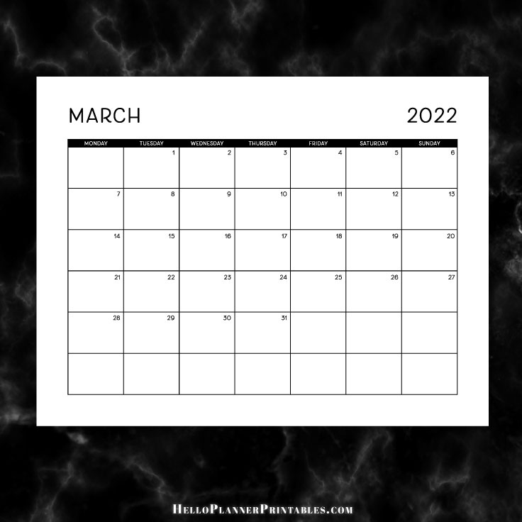 Preview of March 2022 Monthly Calendar Landscape Full Page - Free Download