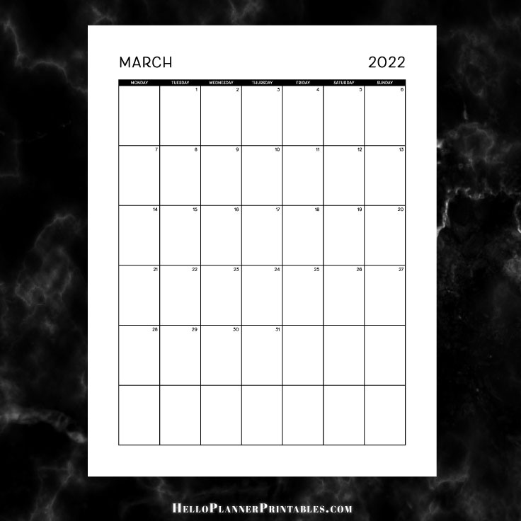 Preview of March 2022 Monthly Calendar Portrait Full Page - Free Download