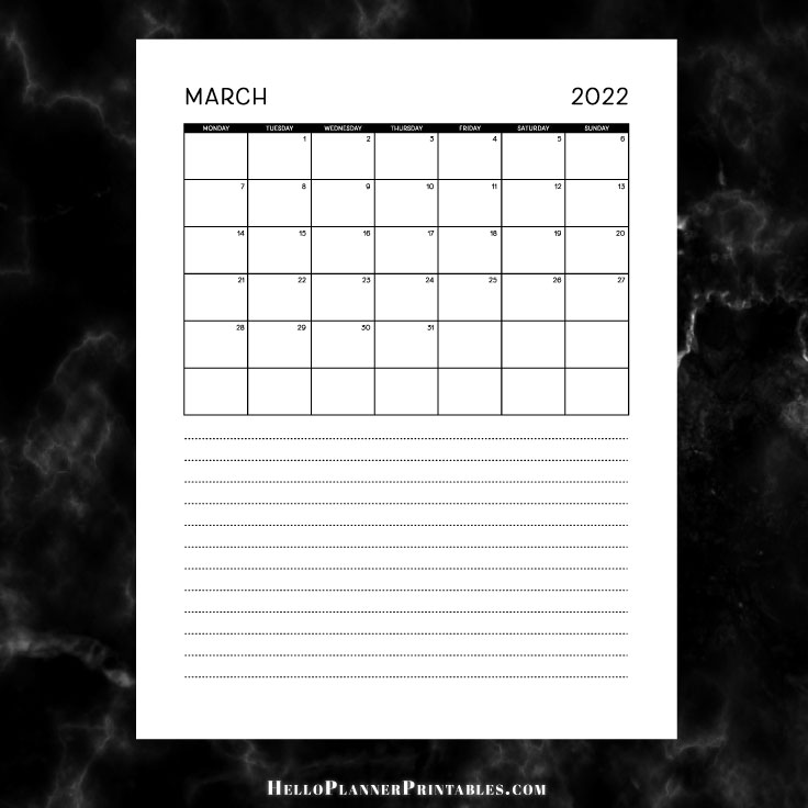 Preview of March 2022 Monthly Calendar Portrait with Note Lines - Free Download