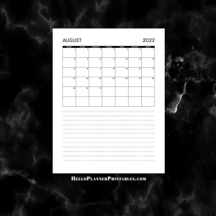 Download August 2022 Calendar Portrait with Note Lines