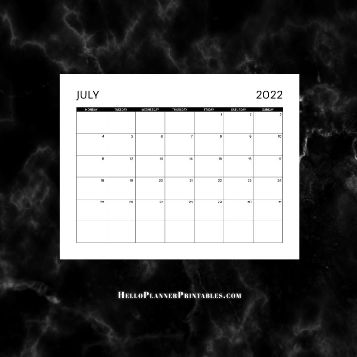 Download free PDF July 2022 Calendar Landscape Full Page