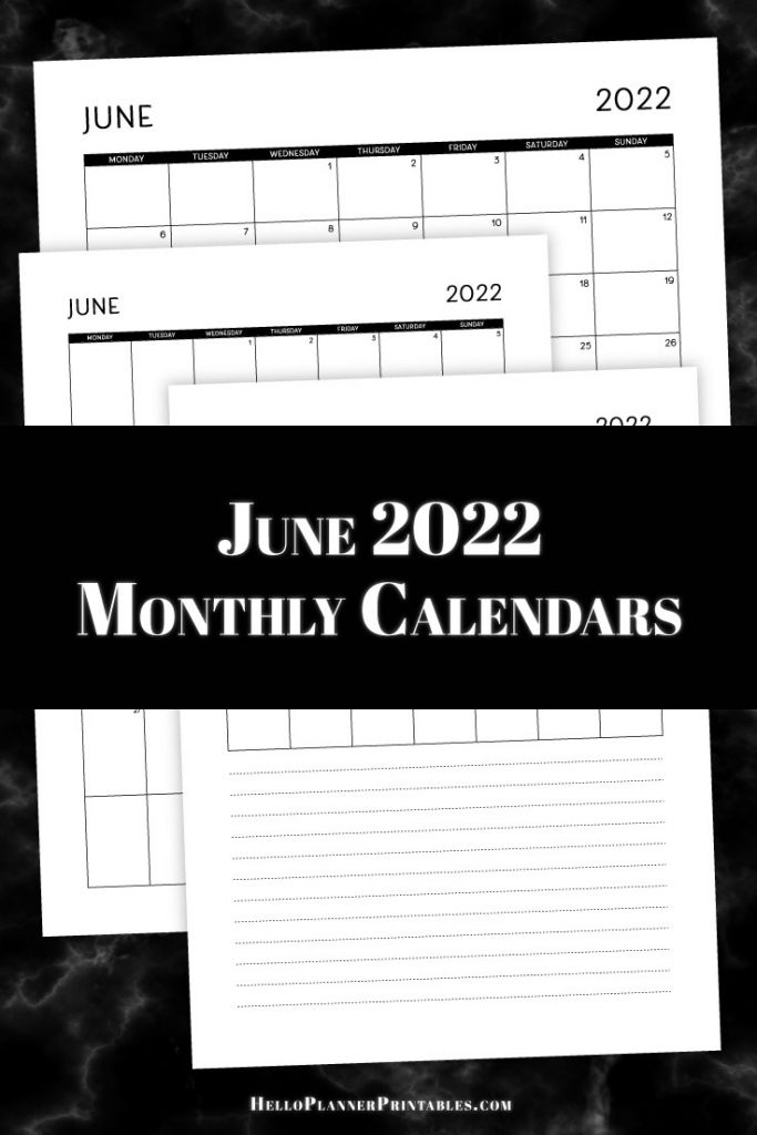 FREE DOWNLOAD - Download all these variations of the June 2022 dated monthly calendar for free – portrait, landscape and with note lines.