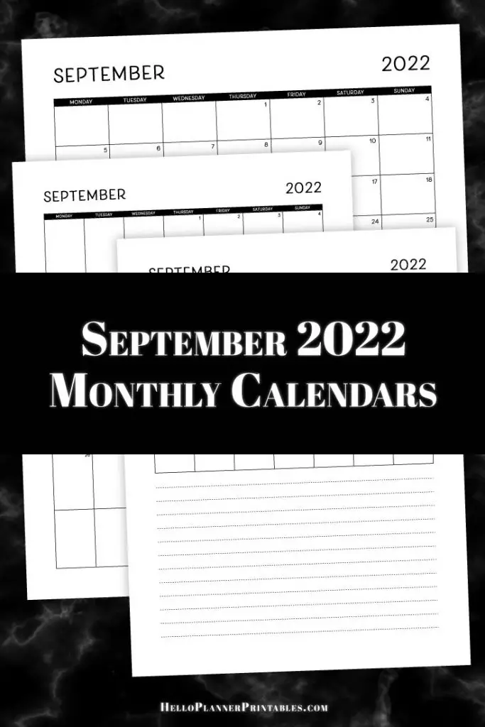 Download free September 2022 monthly calendar printables.